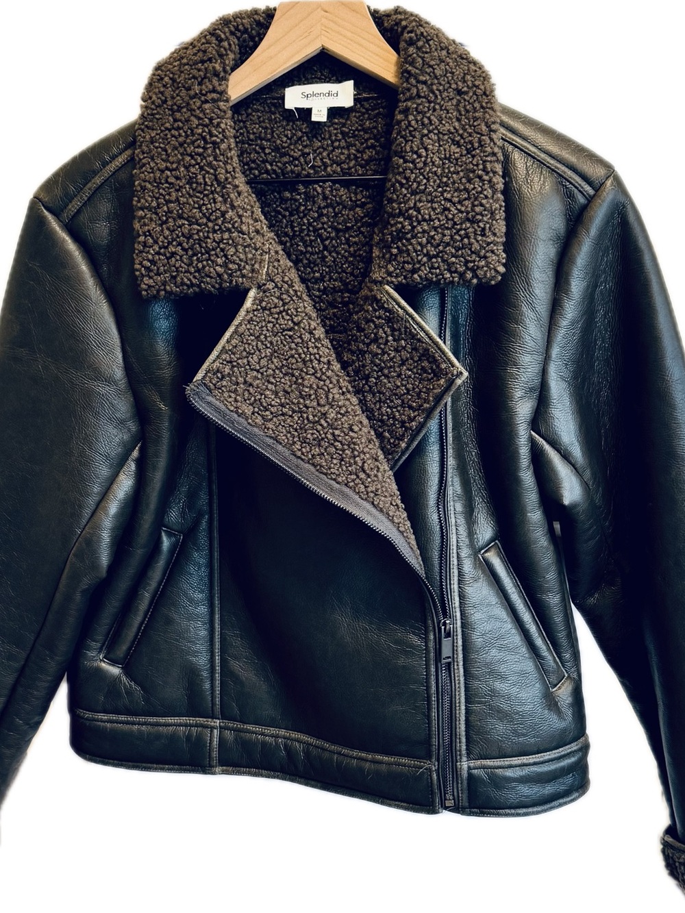 Splendid Black Faux Leather Jacket with Brown Shearling Collar